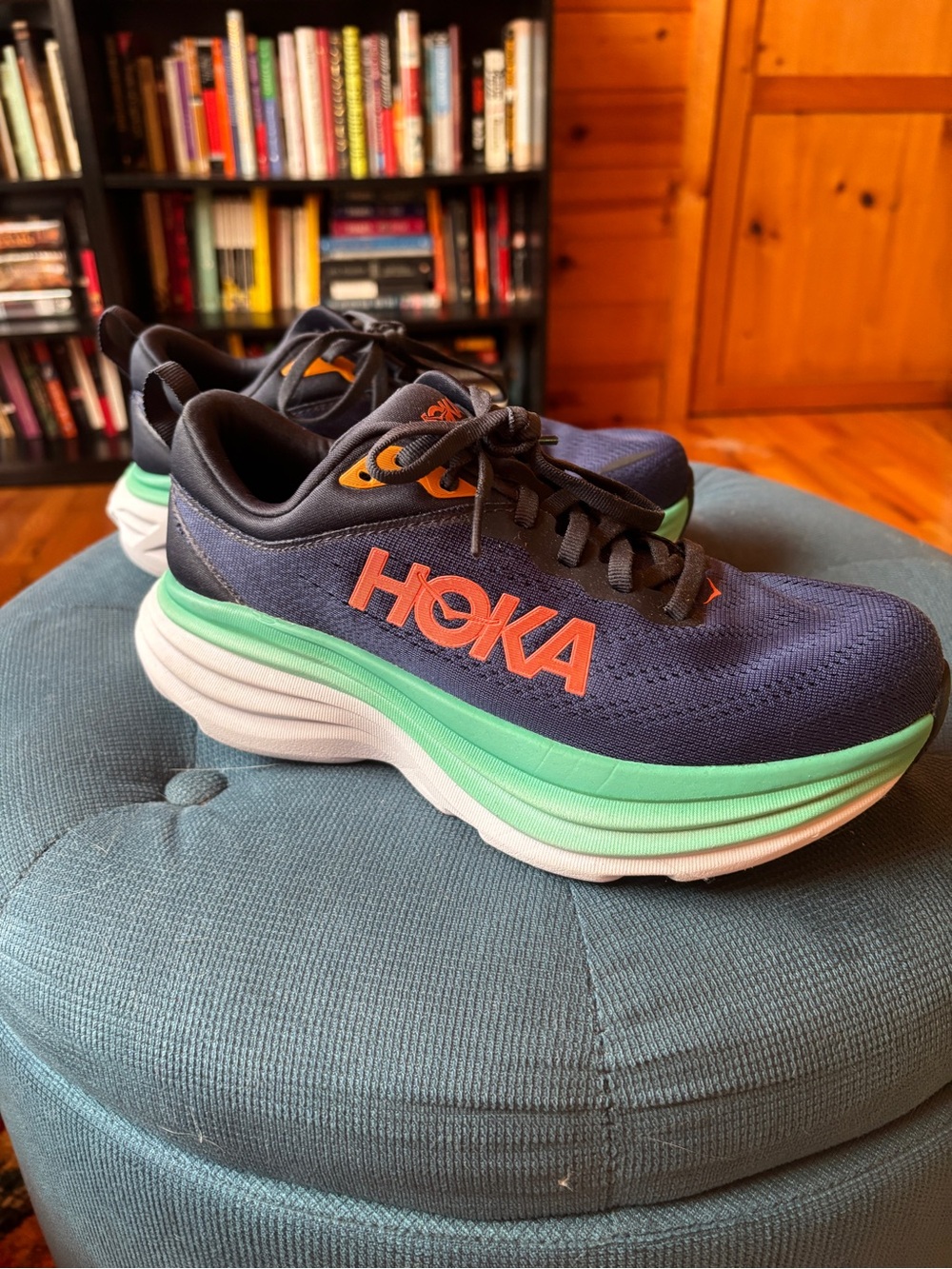 Hoka Navy Sneakers with Coral Logo and Mint Midsole - Picture 3 of 6